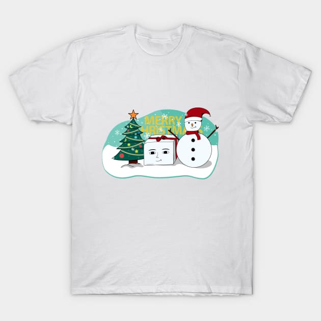 merry christmas snowman box and tree T-Shirt by perfunctory